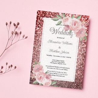 Rose gold silver glitter pink floral Wedding  Invitation