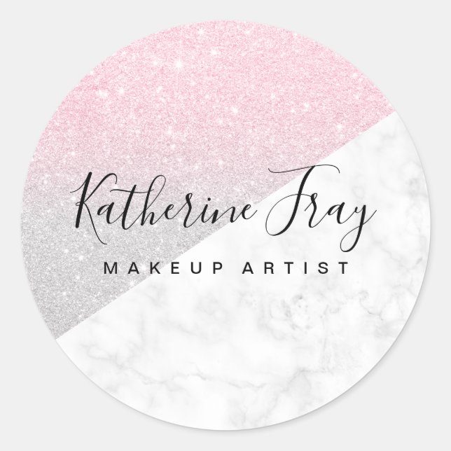 Rose gold silver glitter white marble makeup classic round sticker (Front)