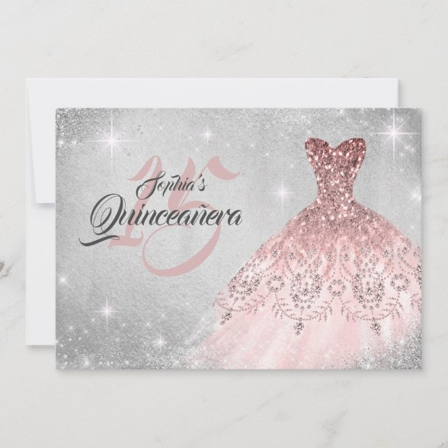 Rose Gold Silver Lace Diamond Gown Quinceanera Invitation (Front)