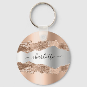 Rose gold silver metal agate marble name script keychain