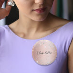 Rose gold silver party name tag 2 inch round button<br><div class="desc">An elegant rose gold background. Decorated with faux silver sparkles. Personalize and add your name. The name is written with a hand lettered style script.</div>