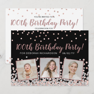 Rose Gold Silver Photo Collage 100th Birthday Invitation