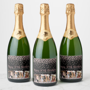 Rose Gold Silver Photo Collage 50th Birthday Sparkling Wine Label