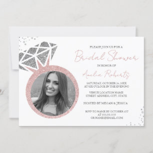 Rose Gold Silver Photo Sparkle Ring Bridal Shower  Invitation