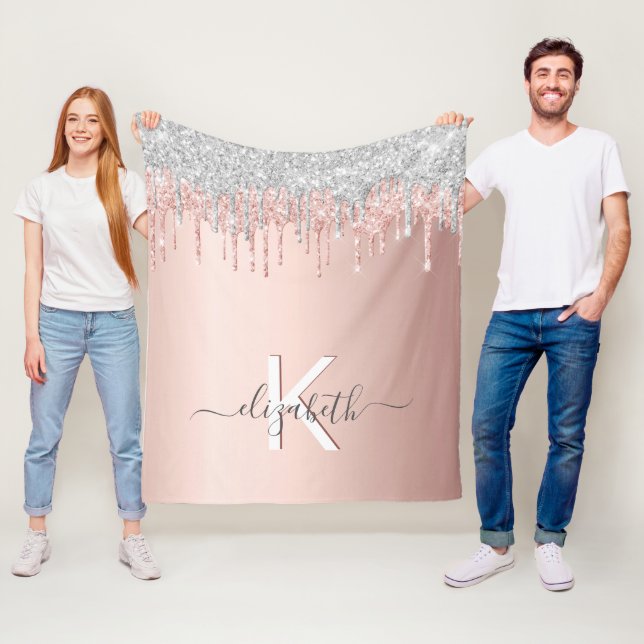 Rose gold silver pink drips monogram name fleece blanket (In Situ)