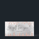 Rose gold silver snow pine logo gift certificate<br><div class="desc">Modern logo gift certificate with this luxury rose gold glitter snowflakes sparkles and silver glitter pine tree forest on an elegant festive faux silver metallic background,  featuring a modern cool script font typography. Perfect gift for anyone! Add your logo.</div>