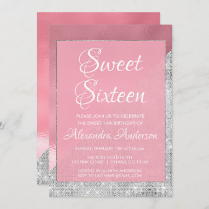 Rose Gold & Silver Sparkle Sweet 16 Birthday Invitation