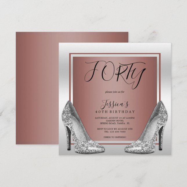 Rose Gold & Silver Stilettos 40th Birthday Invitation (Front/Back)