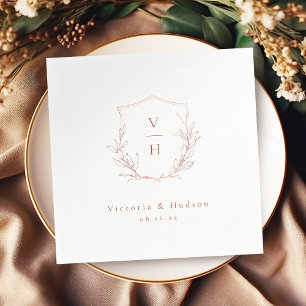 Rose gold simple botanical crest monogram wedding napkin