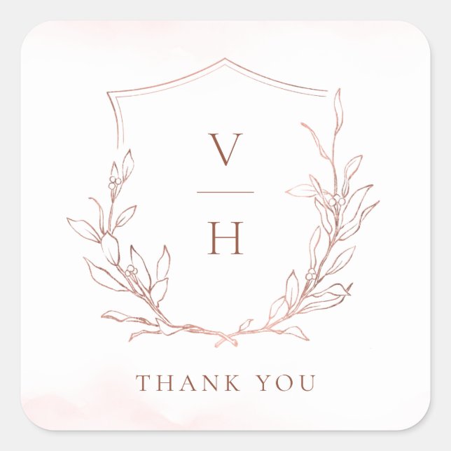 Rose gold simple botanical crest monogram wedding square sticker (Front)