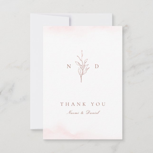 Rose gold Simple botanical monogram wedding Thank  You Card (Front)