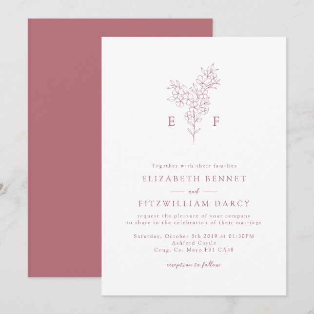 Rose Gold Simple Cherry Blooming Blossoms Monogram Invitation (Front/Back)