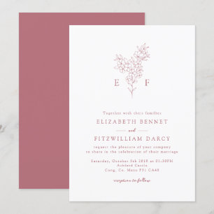 Rose Gold Simple Cherry Blooming Blossoms Monogram Invitation