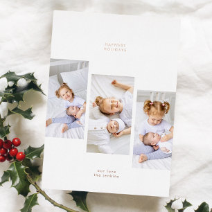 Rose Gold Simple Christmas 3 Photo Frames Foil Holiday Card