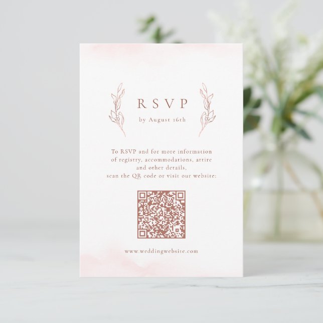 Rose gold simple elegant botanical QR code wedding RSVP Card (Standing Front)