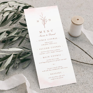 Rose gold simple elegant leaves monogram wedding menu