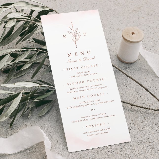 Rose gold simple elegant leaves monogram wedding menu (Rose gold simple elegant leaves monogram wedding menu)