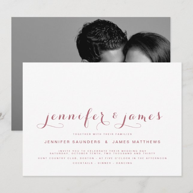 Rose Gold Simple Elegant Script Photo Wedding Invitation (Front/Back)