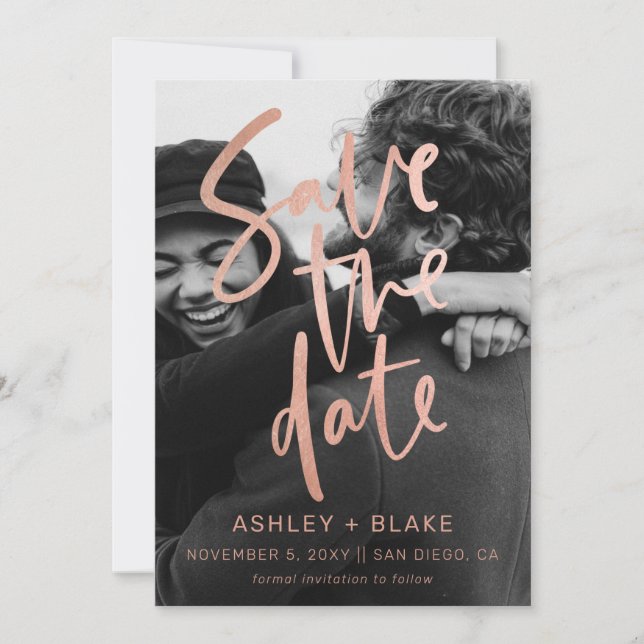 Rose Gold Simple Handwritten Calligraphy Photo Save The Date (Front)