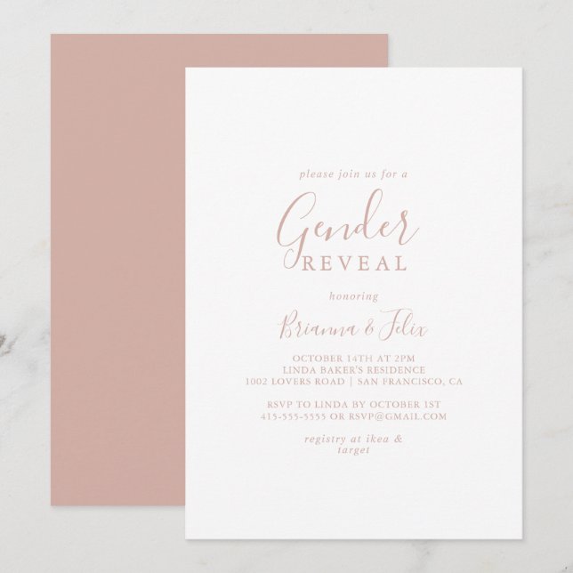Rose Gold Simple Minimalist Gender Reveal Party   Invitation (Front/Back)