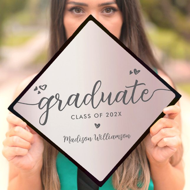 Rose Gold Simple Modern Elegant Script Chic Hearts Graduation Cap Topper (Creator Uploaded)