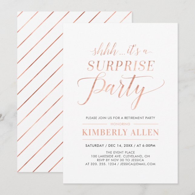 Rose Gold Simple Modern Surprise Retirement Party Invitation (Front/Back)