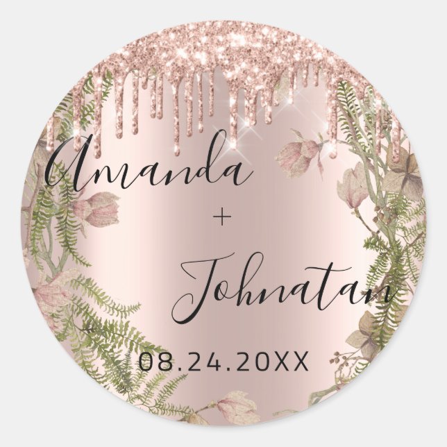 Rose Gold Simply Name Date Floral Drips Classic Round Sticker (Front)