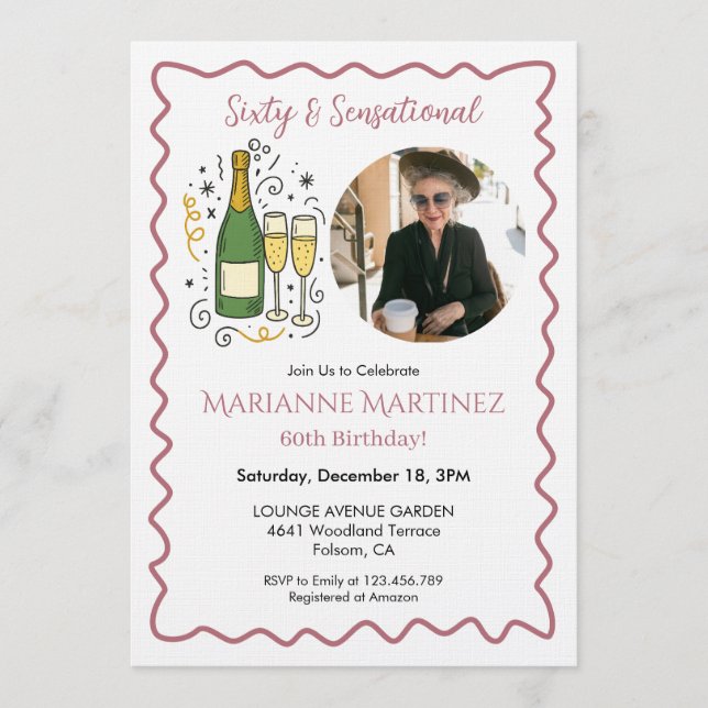 Rose Gold Sixty & Sensational Photo 60th Birthday  Invitation (Front)