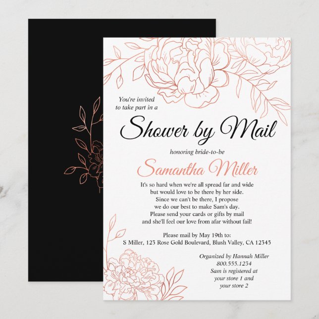 Rose Gold Sketched Flowers Bridal Shower by Mail Invitation (Front/Back)
