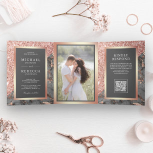 Rose Gold Slate Grey Marble QR Code Wedding Tri-Fold Invitation