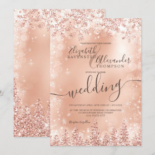 Rose gold snow pine Christmas winter wedding Invitation