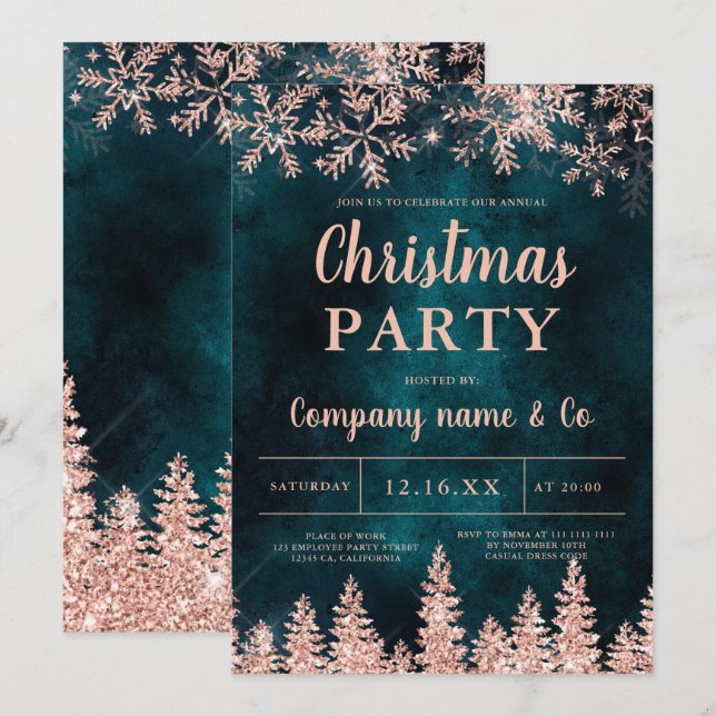 Rose gold snow pine green corporate Christmas Invitation (Front/Back)