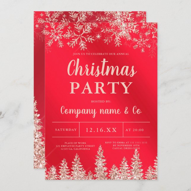 Rose gold snow red metallic corporate Christmas Invitation (Front/Back)