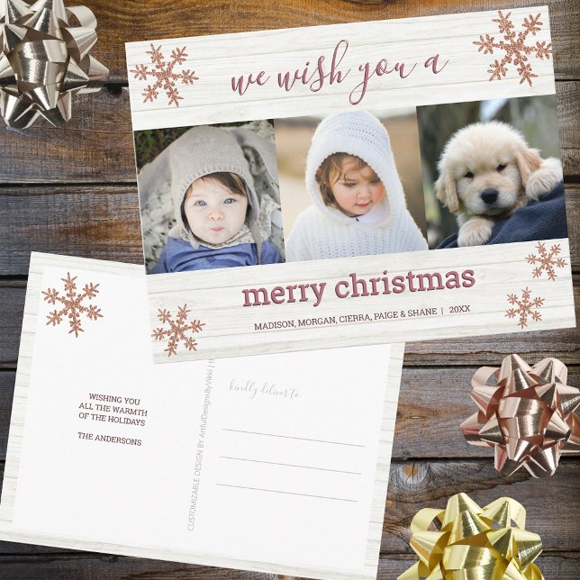 Rose Gold Snowflake 3 Photo Merry Christmas Postcard (Creator Uploaded)