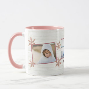Rose Gold Snowflake Christmas Name And 3 Photo Mug