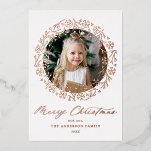 Rose Gold Snowflake Christmas Wreath Photo Foil Holiday Card
