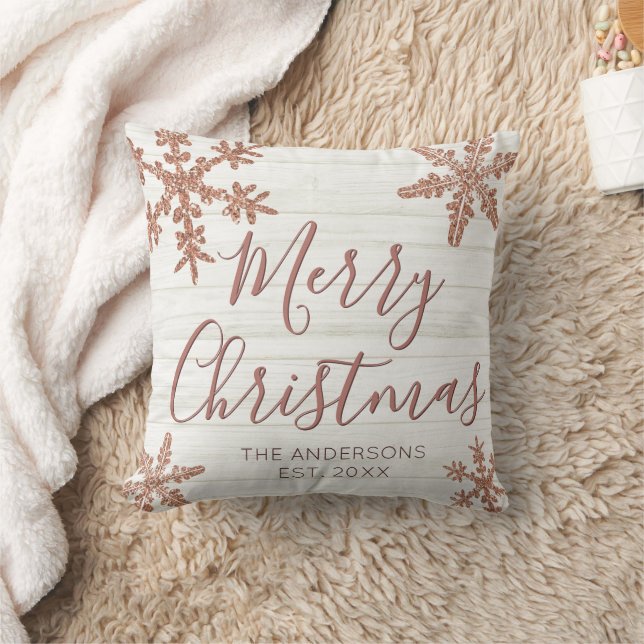 Rose Gold Snowflake Elegant Script Christmas Throw Pillow (Blanket)