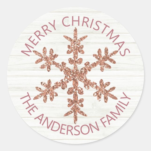 Rose Gold Snowflake Faux Glitter Modern Stylish Classic Round Sticker (Front)