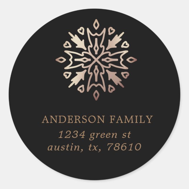 rose gold snowflake holiday round sticker (Front)
