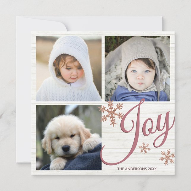 Rose Gold Snowflake Joy Script 3 Photo Collage Holiday Card (Front)