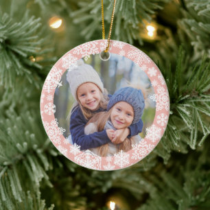 Rose Gold Snowflake Merry and Bright Photo Ceramic Ornament