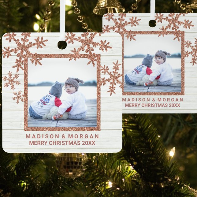Rose Gold Snowflake Stylish Double Sided Photo Metal Ornament (Creator Uploaded)
