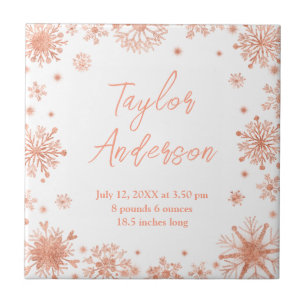 Rose Gold Snowflakes Baby Birth Statistics Tile