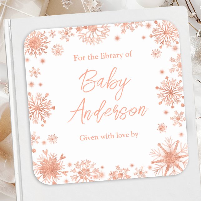 Rose Gold Snowflakes Baby Shower Bookplate Square Sticker (Creator Uploaded)