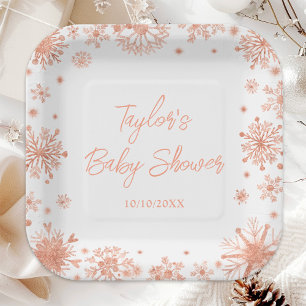 Rose Gold Snowflakes Baby Shower Paper Plate