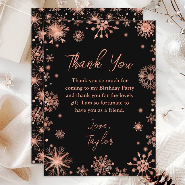 Rose Gold Snowflakes Birthday Party Thank You Card (Creator Uploaded)