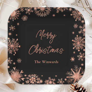 Rose Gold Snowflakes Christmas Party Paper Plate
