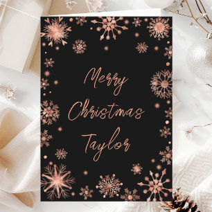 Rose Gold Snowflakes Merry Christmas with Name Holiday Card