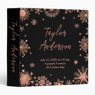Rose Gold Snowflakes on Black Birth Stats Binder