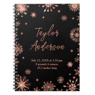 Rose Gold Snowflakes on Black Birth Stats Notebook